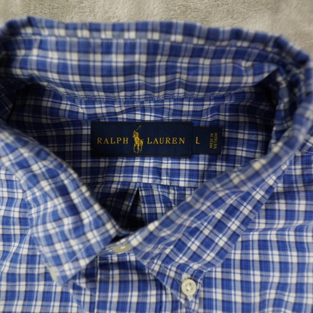 Ralph Lauren Button Up Shirt Men's Large Blue White Plaid Long Sleeve Preppy‎